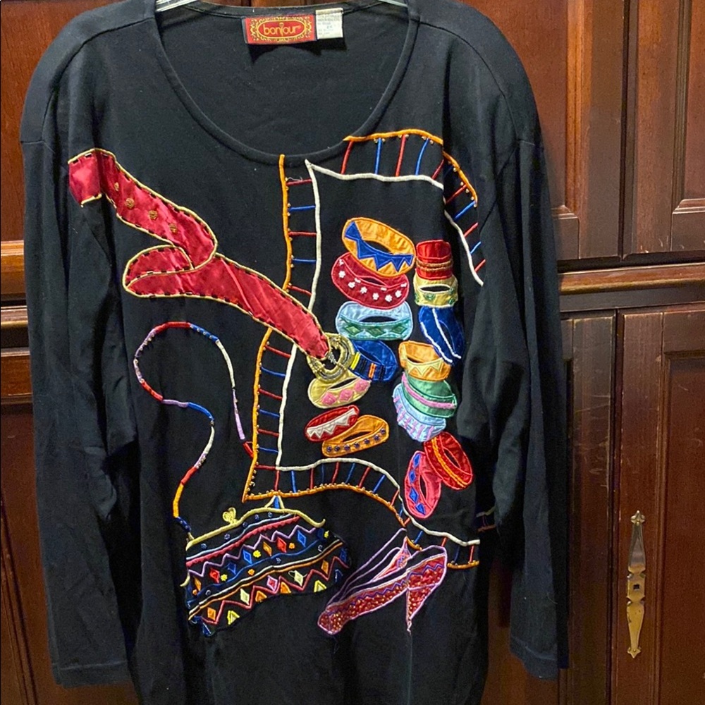 Colorful Embroidered Black Long Sleeve Top